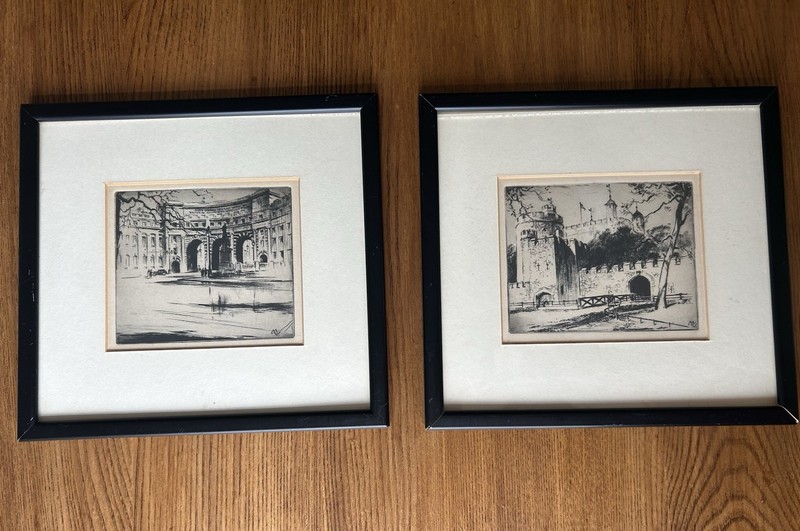 Vintage Framed London Etchings Pair Tower of London Admiralty Arch B&W Prints