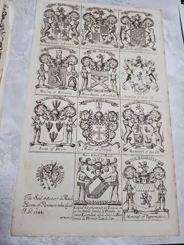 Antique 18thC Scottish Heraldry Engraving Plate II Vol II Coats of Arms Panmure