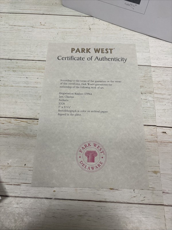 Charles Lee Seriolithograph Park West Gallery "Andante" Signed COA 7" X 9 3/8" gallery