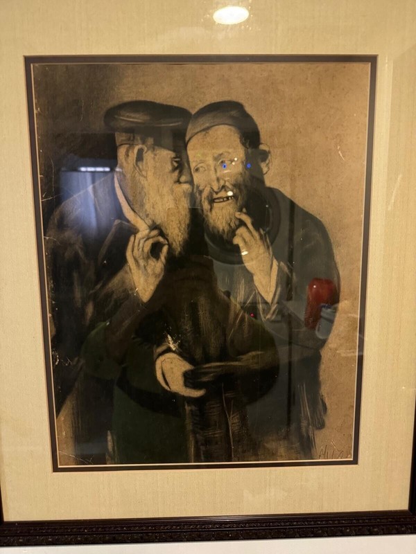 Vintage Framed Art Print of Two Bearded Men Conversing – Signed – Antique Style