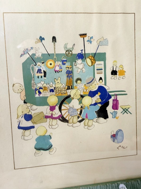 VTG Josette Boland Prints Framed Set of 2 French Childrens Illustrations 1950s gallery